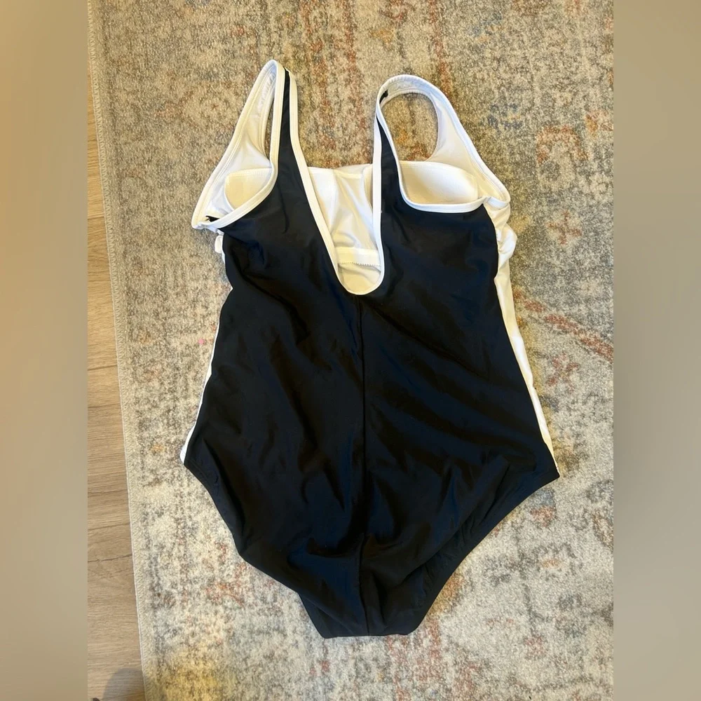 Lands' End Slimming Slender One Piece Swimsuit Sz L 14-16 Black White Modest - Picture 3 of 8